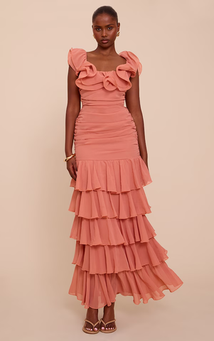 Chiffon Ruched Ruffle Maxi Dress