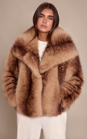 Brown Faux Fur Short Shawl Collar Coat