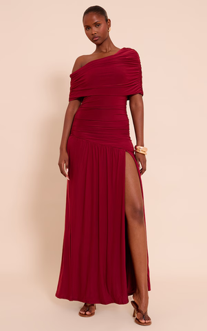 Double Layer Slinky Bardot One Shoulder Ruched Maxi Dress
