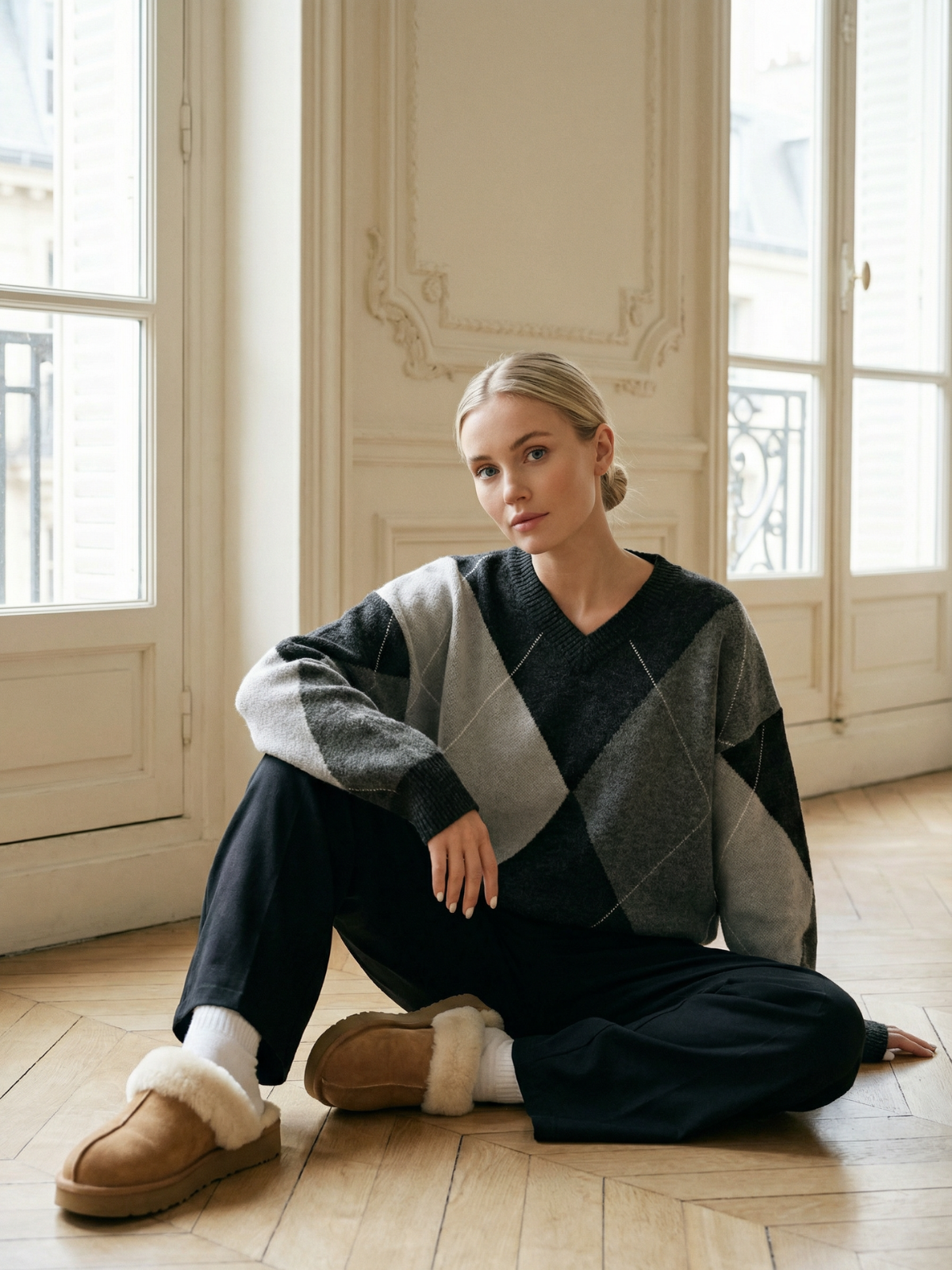 Diamond Grid Colorblock Knit Pullover