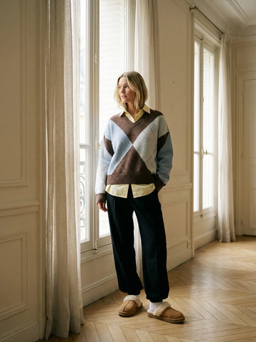 Diamond Grid Colorblock Knit Pullover