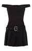 Black Bardot Belted Pleated Shift Dress