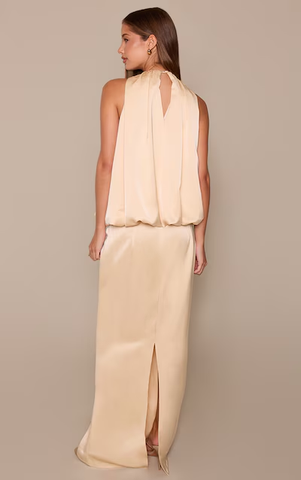 Lemon Satin Ruched Bodice Trim Detail Maxi Dress
