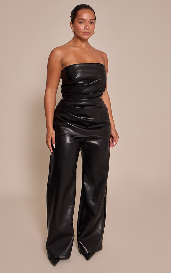 Faux Leather Ruched Bandeau Wide Leg Jumpsuit