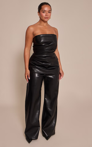 Faux Leather Ruched Bandeau Wide Leg Jumpsuit
