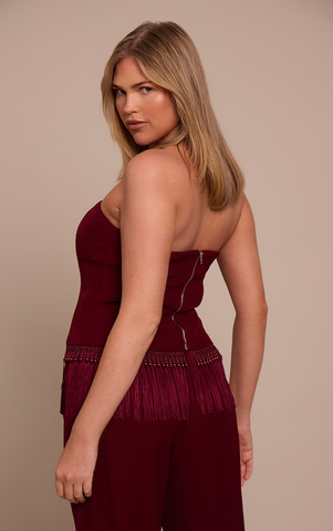 Shape Burgundy Beaded Fringe Hem Bandeau Top