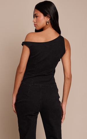 Black Denim Asymmetric Sleeveless Top