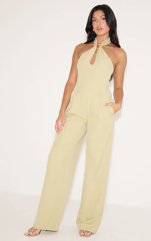 Woven Halterneck Trim Wide Leg Jumpsuit