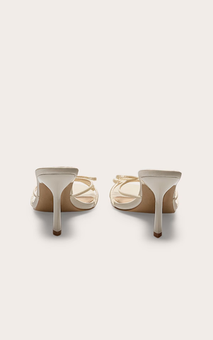 Ivory Satin Round Toe Bow Detail Mid Stiletto Heeled Mules