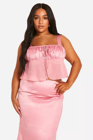 Satin Ruffle Tie-Front Top