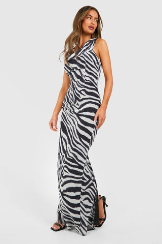 Zebra Extreme Cowl Backless Maxi Dress