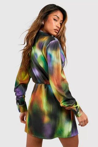 Satin Wrap Dress with Abstract Print
