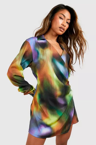 Satin Wrap Dress with Abstract Print