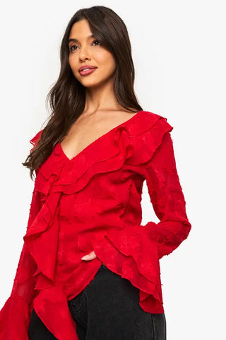 Floral Texture Ruffle Blouse