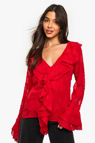 Floral Texture Ruffle Blouse