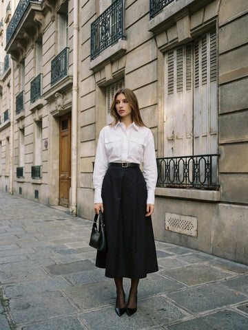 Black Button Front Pocket Maxi Skirt For Office Wear