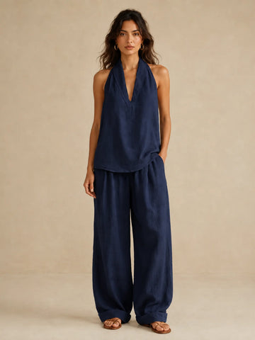 Elegant Style Halter Top & Wide-Leg Pants Co-Ord