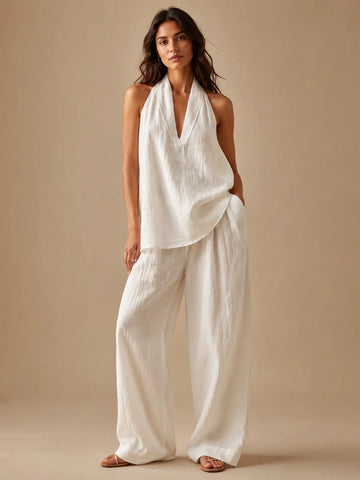 Elegant Style Halter Top & Wide-Leg Pants Co-Ord
