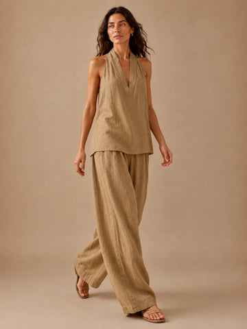 Elegant Style Halter Top & Wide-Leg Pants Co-Ord