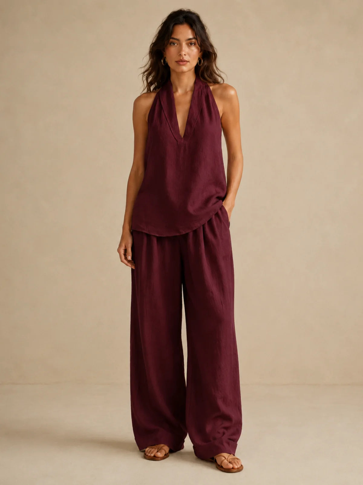 Elegant Style Halter Top & Wide-Leg Pants Co-Ord