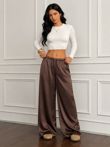 Satin Lounge Pants – Drawstring Waist Flowy Wide Leg Pants