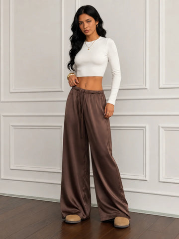 Satin Lounge Pants – Drawstring Waist Flowy Wide Leg Pants