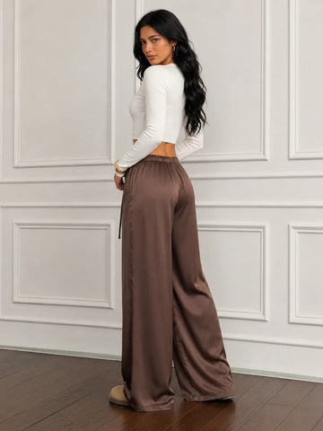 Satin Lounge Pants – Drawstring Waist Flowy Wide Leg Pants