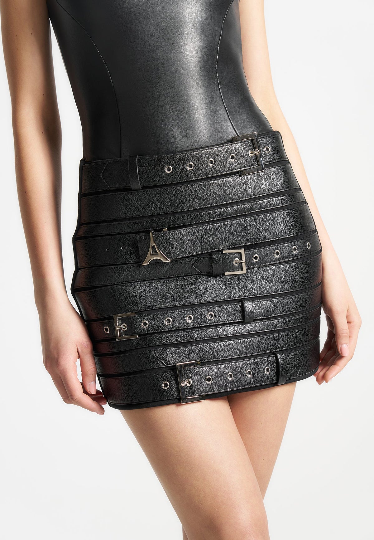 Multi Belt Vegan Leather Mini Skirt