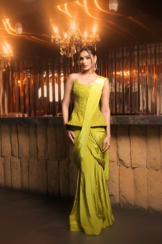Parrot Green drape saree with corset blouse