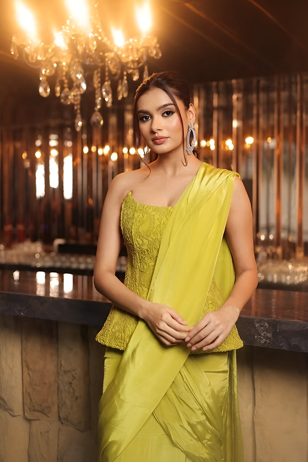 Parrot Green drape saree with corset blouse