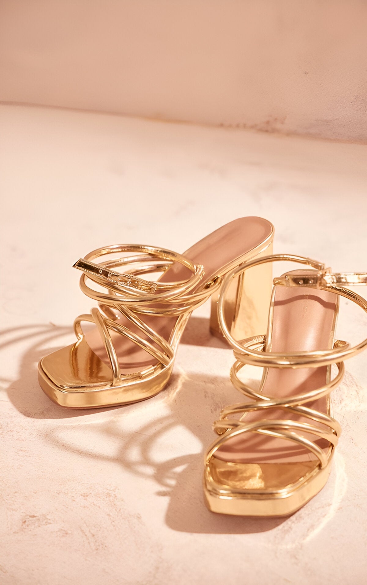 Gold PU Square Toe Tube Strap Platform Block Heeled Sandals