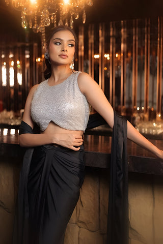 Black and silver drape skirt set