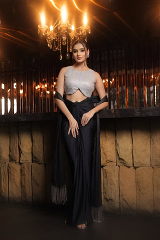 Black and silver drape skirt set