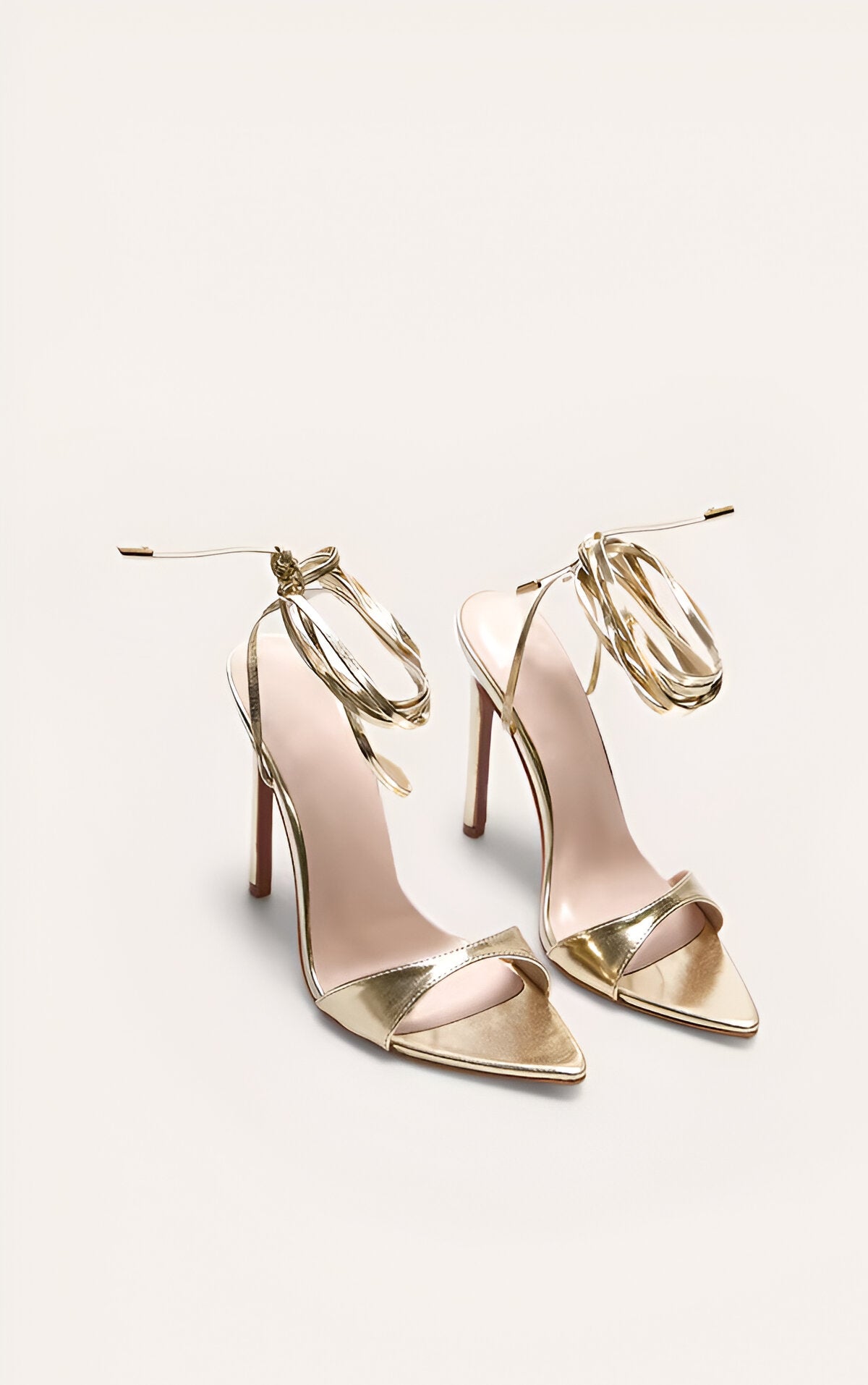 Gold PU Point Toe High Heeled Lace Up Sandals