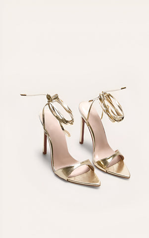 Gold PU Point Toe High Heeled Lace Up Sandals