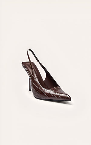 Chocolate Croc Heeled Sling Back Court Shoe