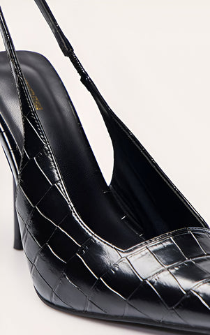 Chocolate Croc Heeled Sling Back Court Shoe