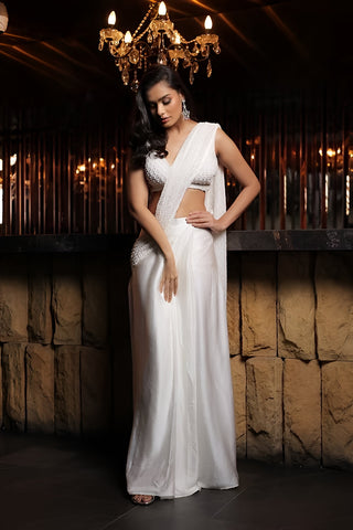 Cream embellished pre draped saree