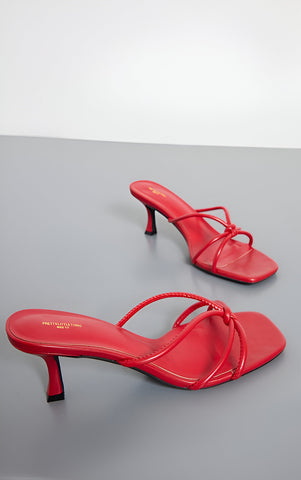Red Pu Wide Fit Square Toe Knotted Heeled Mules