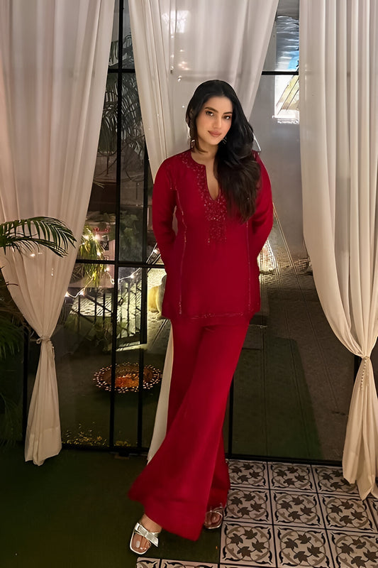 Red Embellished Co-ord Set