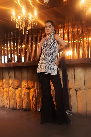 Black and white thread work kurta with flared trousers