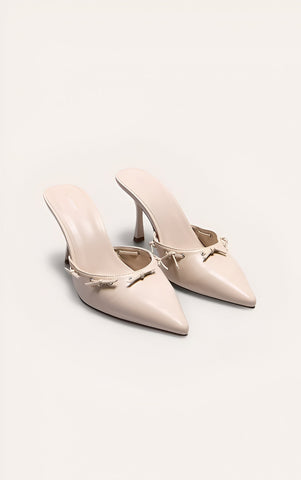 Point Toe Bow Mid Stiletto Court Mules