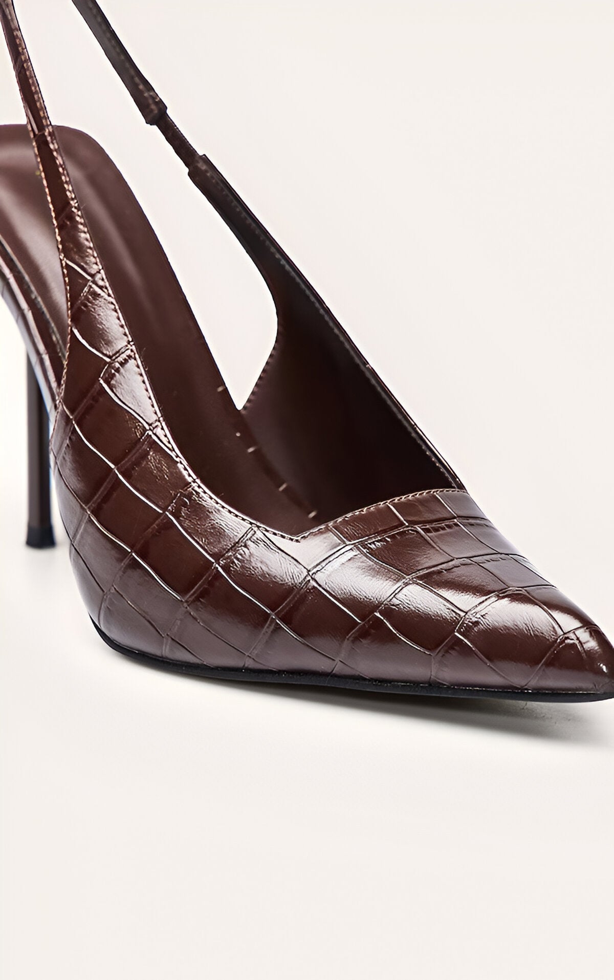 Chocolate Croc Heeled Sling Back Court Shoe