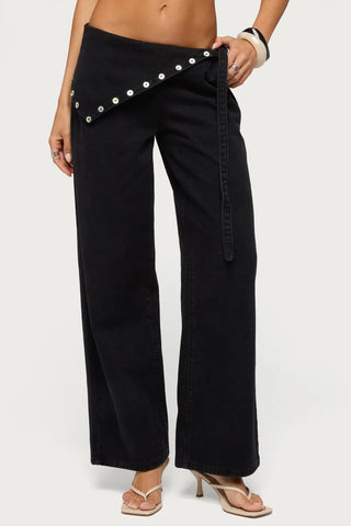 Button Foldover Low Rise Baggy Jeans
