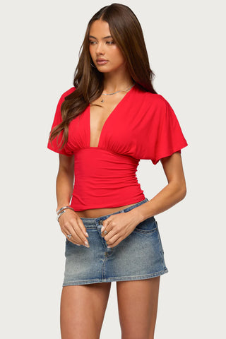 Betee Flutter Plunge Neck Top - Red