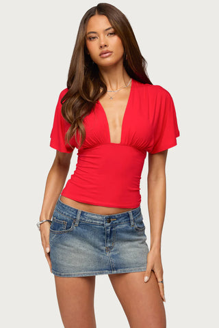 Betee Flutter Plunge Neck Top - Red
