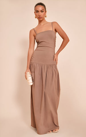 Chocolate Stretch Woven Strappy Ruched Maxi Dress