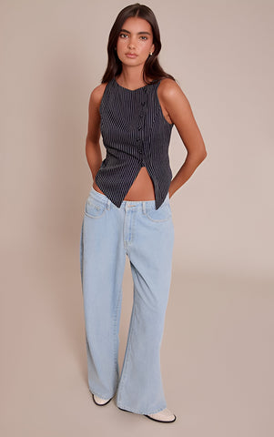 Navy Pinstripe Woven Asymmetric Button Detail Waistcoat