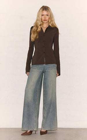 Chocolate Bengaline Cinched Waist Detail Long Sleeve Shirt