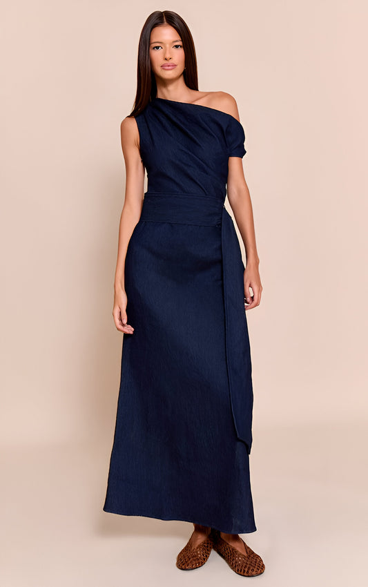 Indigo Blue Chambray Denim Ruched Belted Midaxi Dress